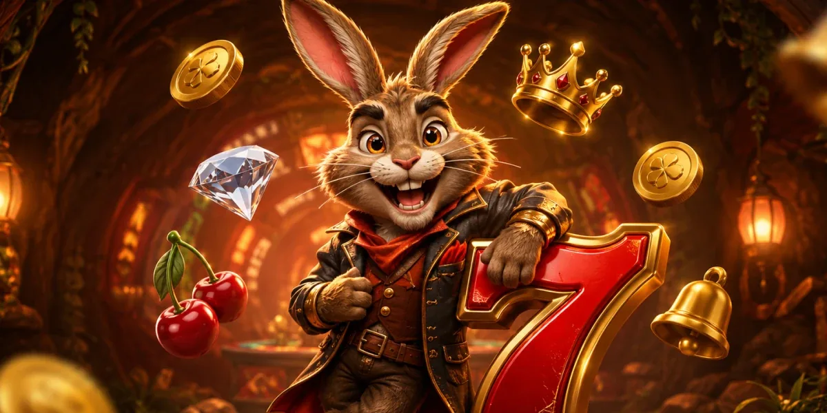 Illustrated Bets Bunny rabbit mascot juggling gold coins and cherries beside a red 7 symbol and a small crown